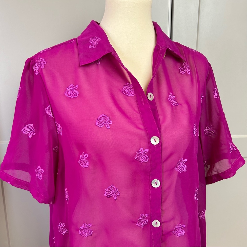 VTG Country Wear Casuals LG Pink Sheer Top Floral Embroidered Y2K Spring Roses - Picture 4 of 8
